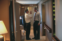 President George W. Bush and Chief of Staff Andy Card have a discussion aboard Air Force One Tuesday, Sept. 11, 2001, after departure from Offutt Air Force Base.