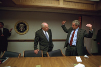 President George W. Bush talks with Vice President Dick Cheney in the President's Emergency Operations Center after returning to the White House, Tuesday, Sept. 11, 2001.