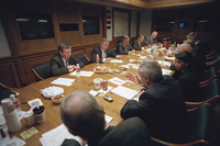 After addressing the nation about the terrorist attack on America, President George W. Bush meets with his National Security Council in the Presidential Emergency Operations Center of the White House Tuesday, Sept. 11, 2001. 