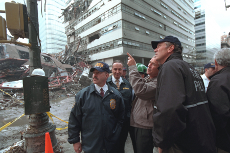 President George W. Bush tours Ground Zero with New York City Officials.  Friday, Sept. 14, 2001