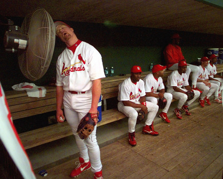 St Louis first baseman Mark McGuire cools off during his 1998 Major League Baseball home run chase against Chicago's Samy Sosa.